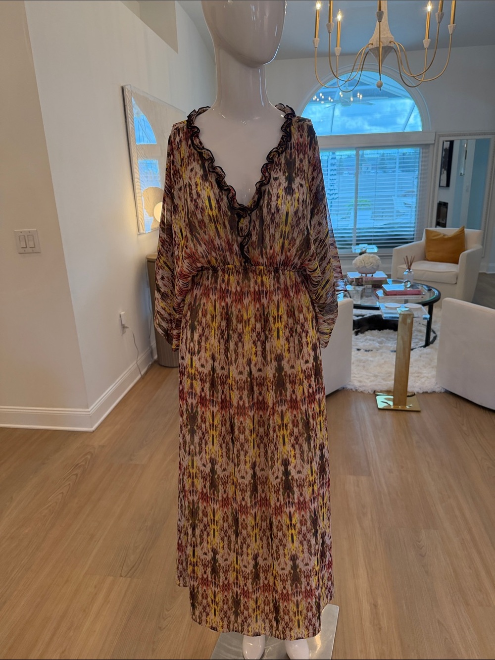 Long Printed V-Neck Maxi Dress in Multicolor